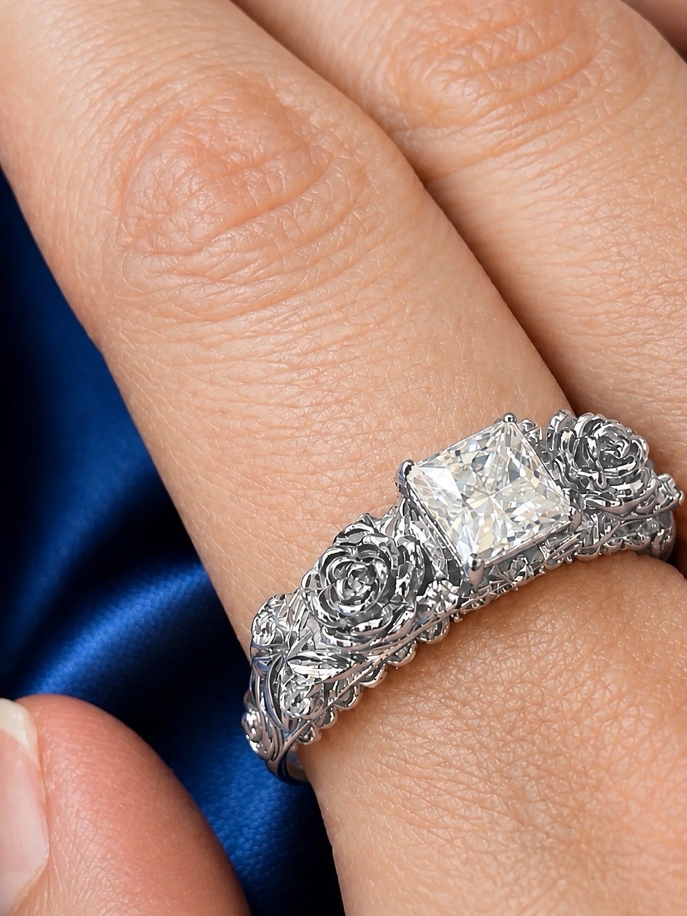 Moissanite AAA D-color princess cut, VVSI. Rhodium over 925 S.Silver. Handmade!